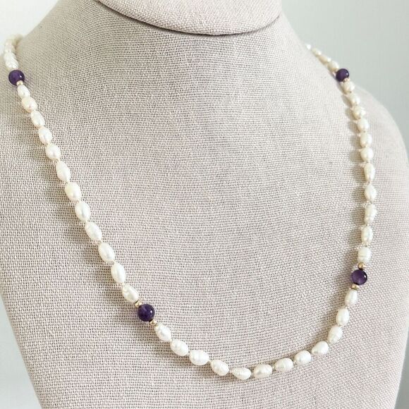 Vintage Genuine Freshwater Pearls 14K Gold Amethyst Beaded Strand Necklace 32" - Picture 5 of 10